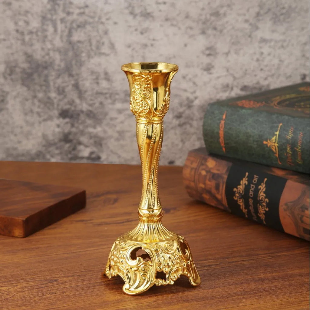 Small retro metal candlestick holder in gold or silver for wedding and candlelight dinner table decor