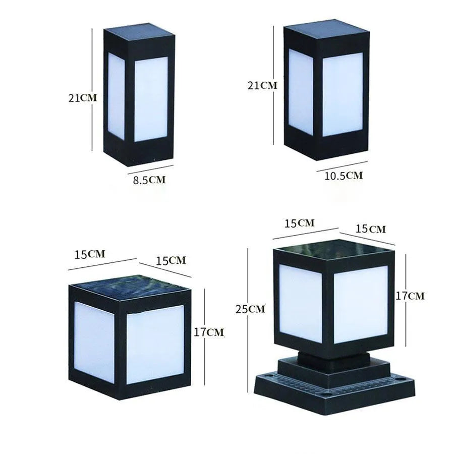 Set of solar-powered LED garden lights in various styles illuminating an outdoor patio at dusk.