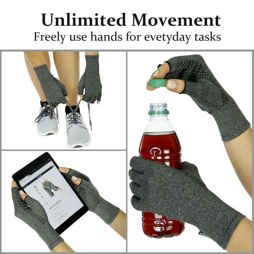 Grey half finger joint compression gloves showing anti-slip texture on palm.