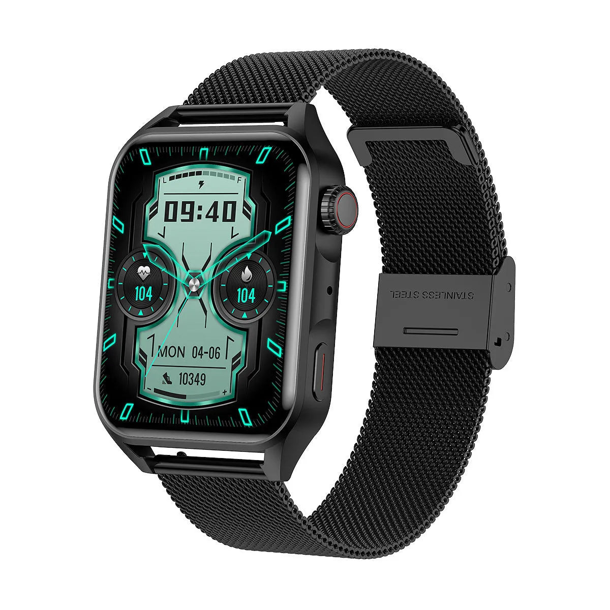 Pink smart watch with AMOLED screen and silicone strap on a wrist, showing a multi-dial watch face.
