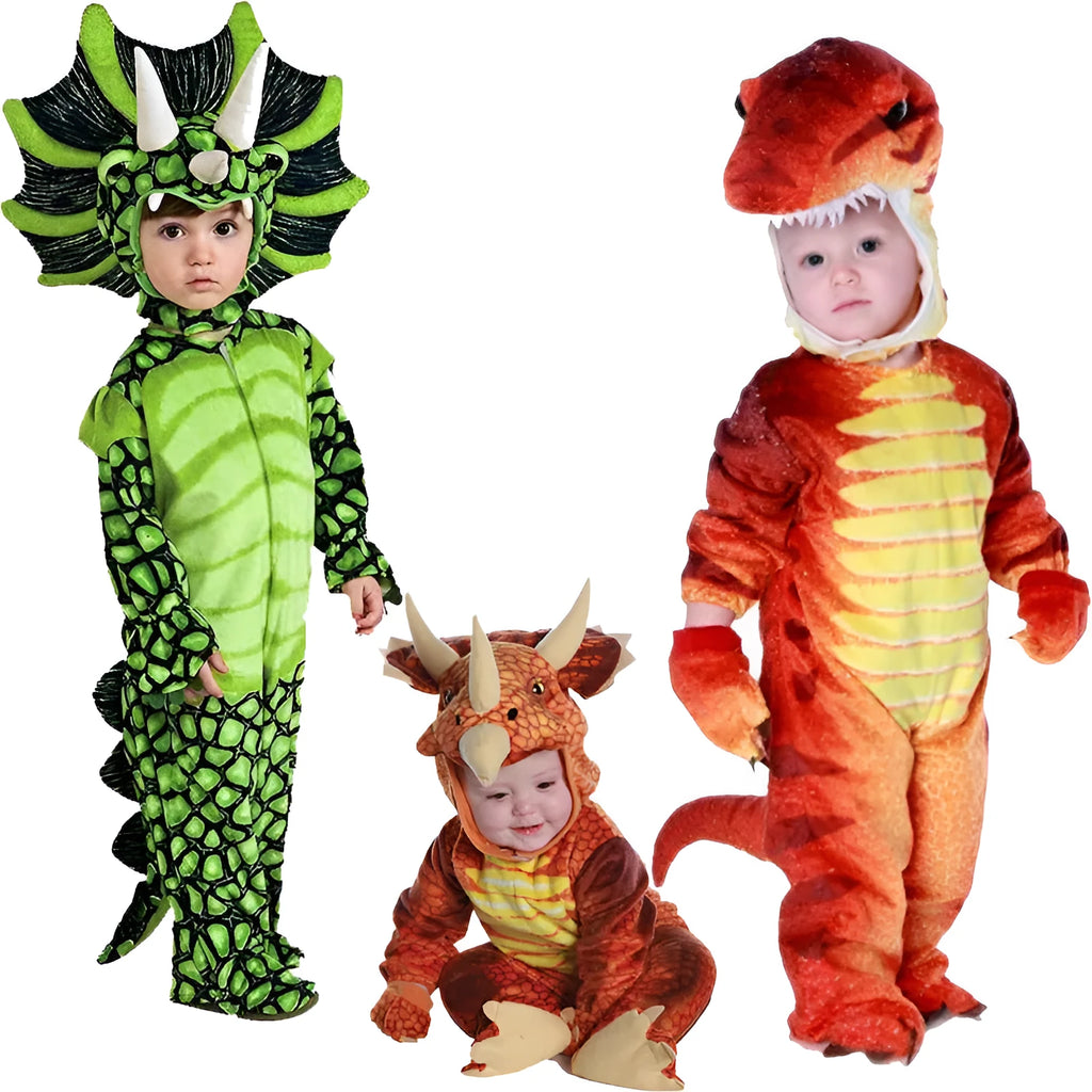 Children's dark green and orange Triceratops dinosaur fancy dress Halloween costume.