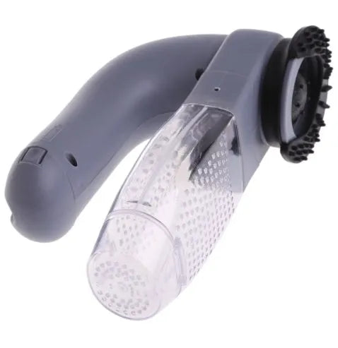Grey handheld pet hair vacuum cleaner with soft rubber grooming brush head