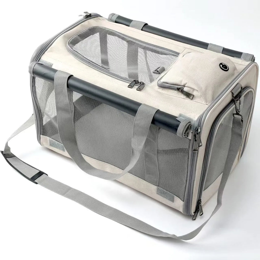 Beige portable pet carrier bag for dogs and cats with breathable mesh sides and top handle
