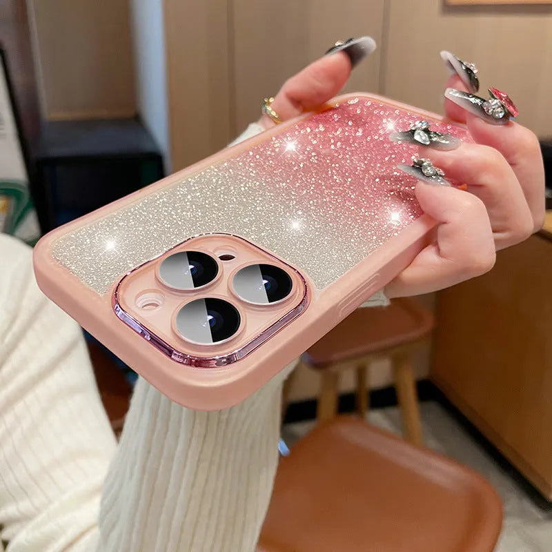 Transparent glitter iPhone case with gradient finish and magnetic suction feature