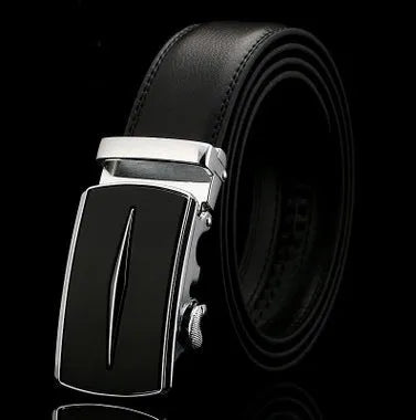 Men's two-layer cowhide belt with gold alloy automatic buckle on a flat surface