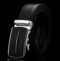 Men's two-layer cowhide belt with gold alloy automatic buckle on a flat surface