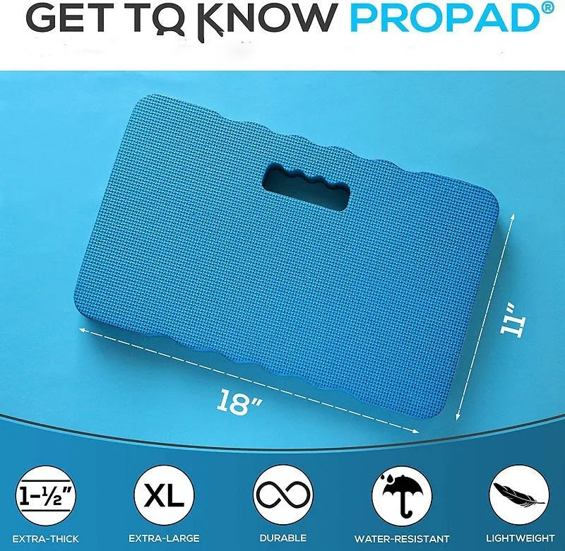 Blue EVA foam garden kneeler mat on grass, showing its 45cm length and 4cm thickness for kneeling comfort.