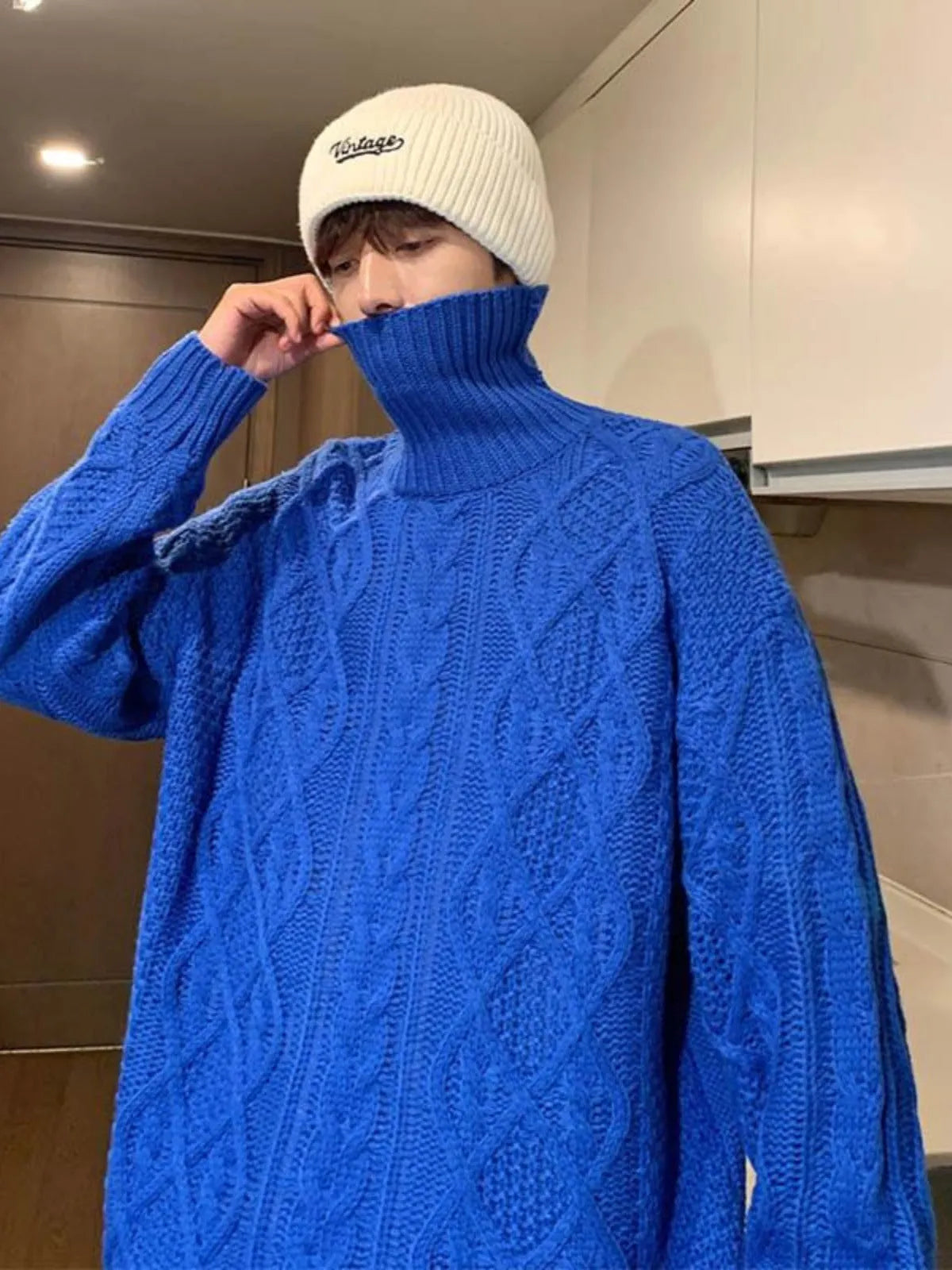 Japanese-style retro green jacquard turtleneck sweater for youth, loose fit, wool blend