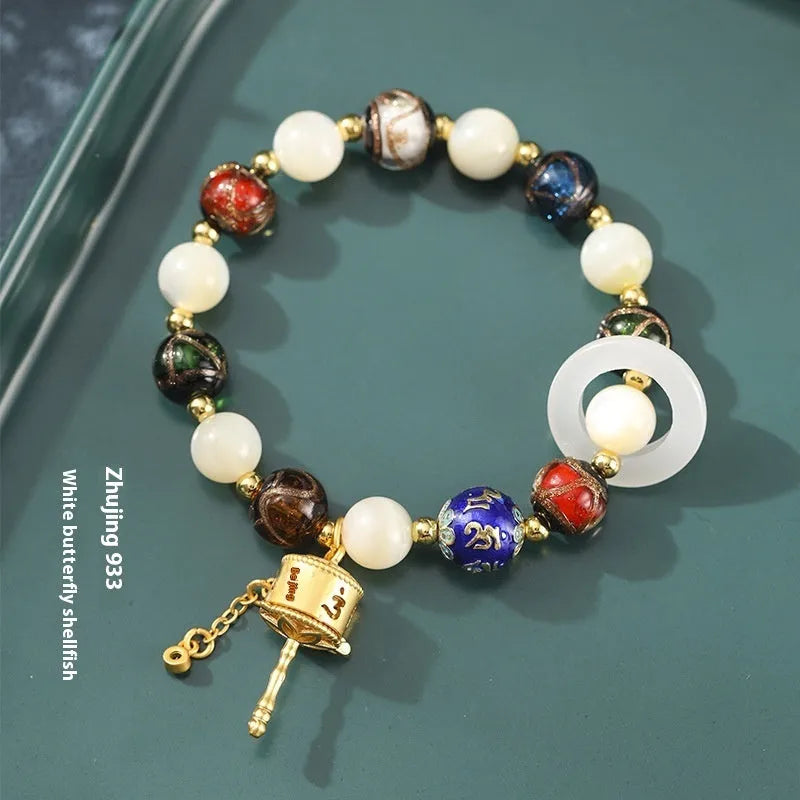 Hand-woven bracelet with fragrant gray glaze beads, sunstone and white lip shell beads