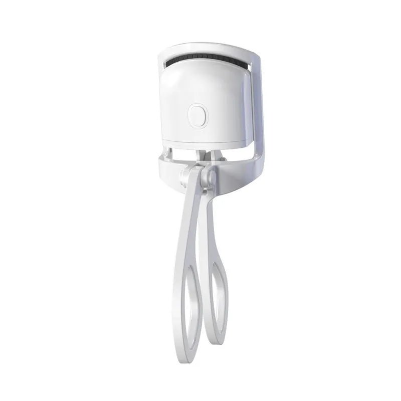 White USB rechargeable heated eyelash curler with a curved design and a small LED light.