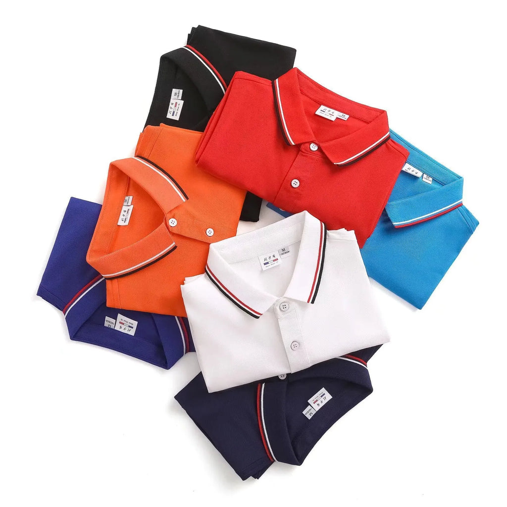 Men's embroidered lapel short sleeve top in navy blue, straight fit, cotton ice ion blend, short sleeves