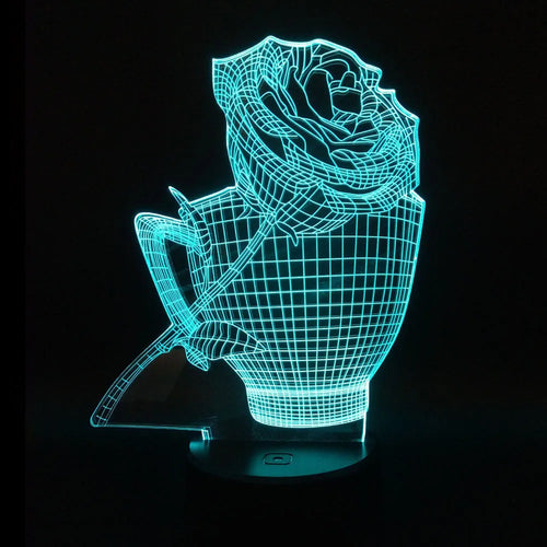 3D rose flower design night light with colour-changing LEDs on a black ABS base.