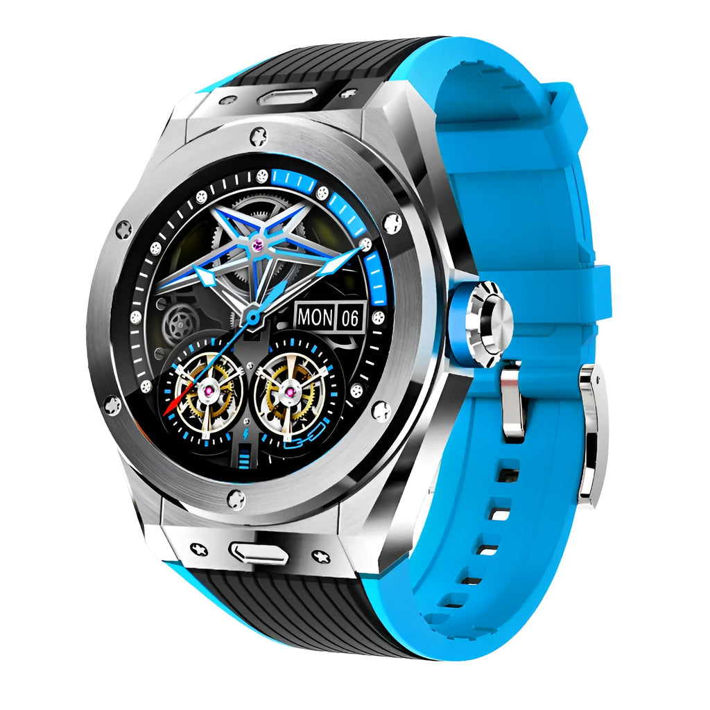 Black smartwatch with Bluetooth call, health monitoring, and a 1.28-inch screen on a silicone sports strap.