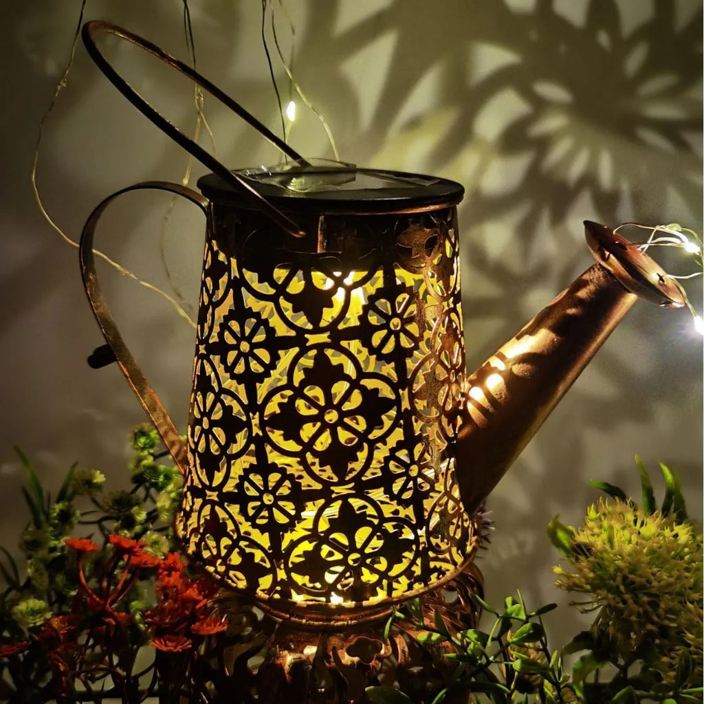 Solar-powered butterfly kettle light with wrought iron construction for outdoor courtyard decoration