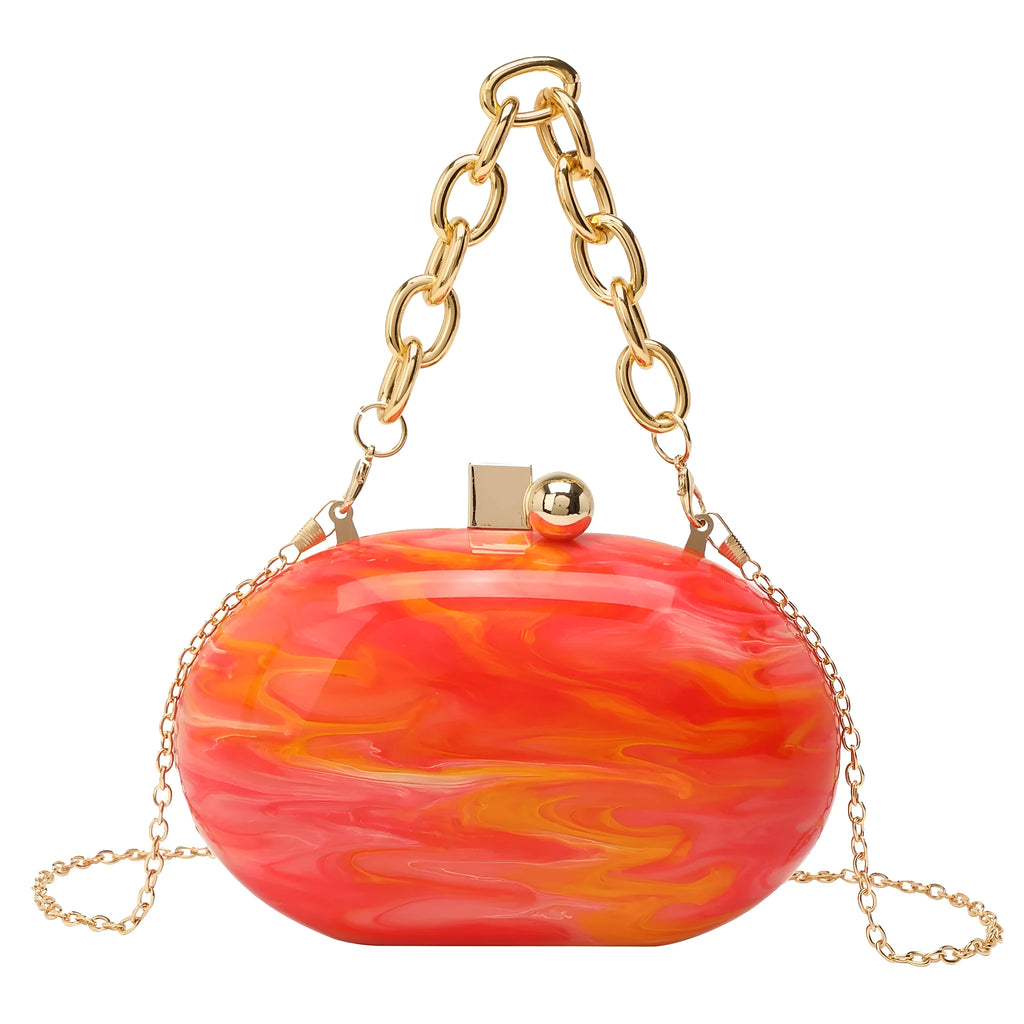 Hard acrylic oval clutch bag with chain strap in a pearlescent colour with phone and file compartments visible.