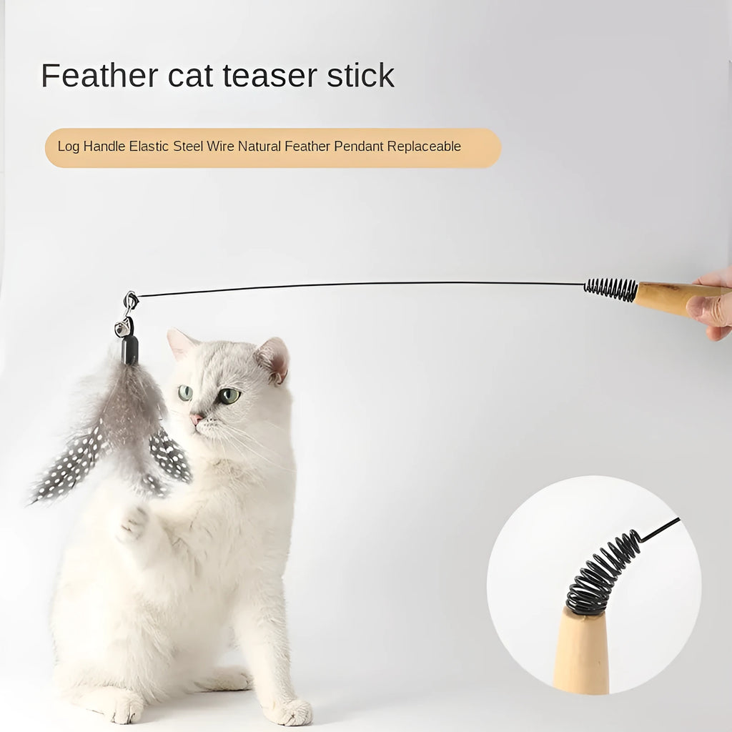 Cat teasing stick toy with wooden handle, bell, and feather head in selected colour