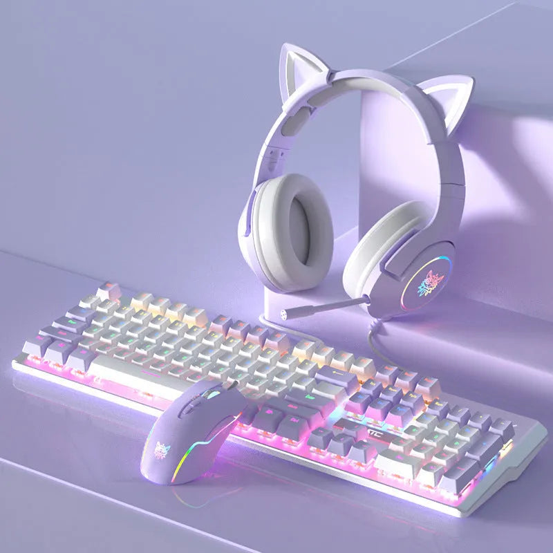 White and purple backlit wired mechanical keyboard and mouse gaming bundle on a desk.