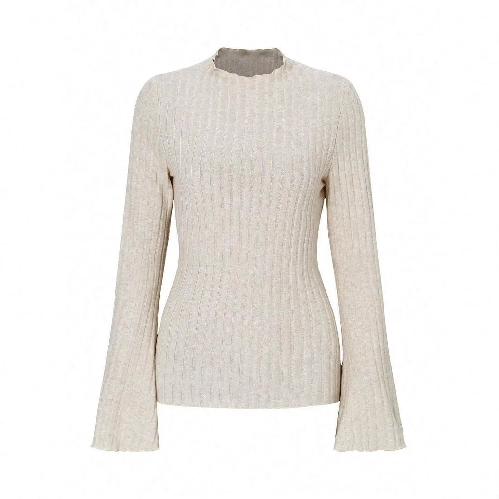 Long sleeve round neck slim fit top in black with lantern sleeves and a subtle sunken stripe pattern.