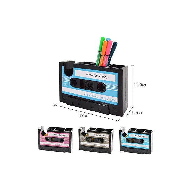 Creative multifunctional pen holder storage box in blue, 1L capacity, plastic, on desk with stationery