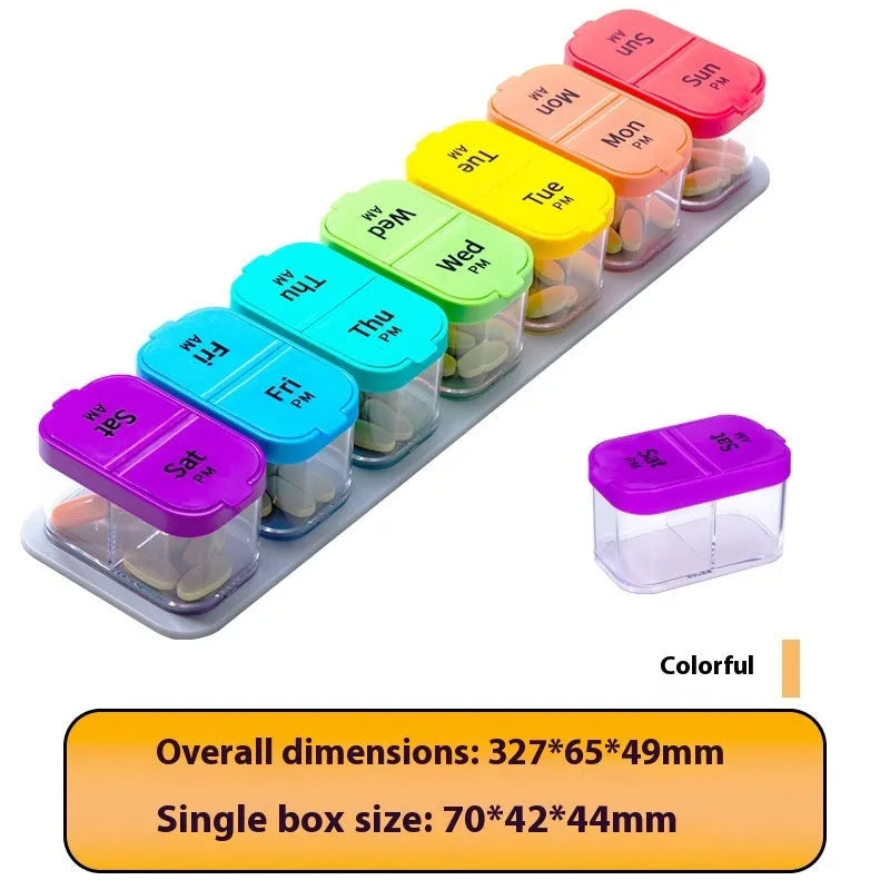 White and rainbow coloured disassemblable plastic pill organiser box with 14 compartments.