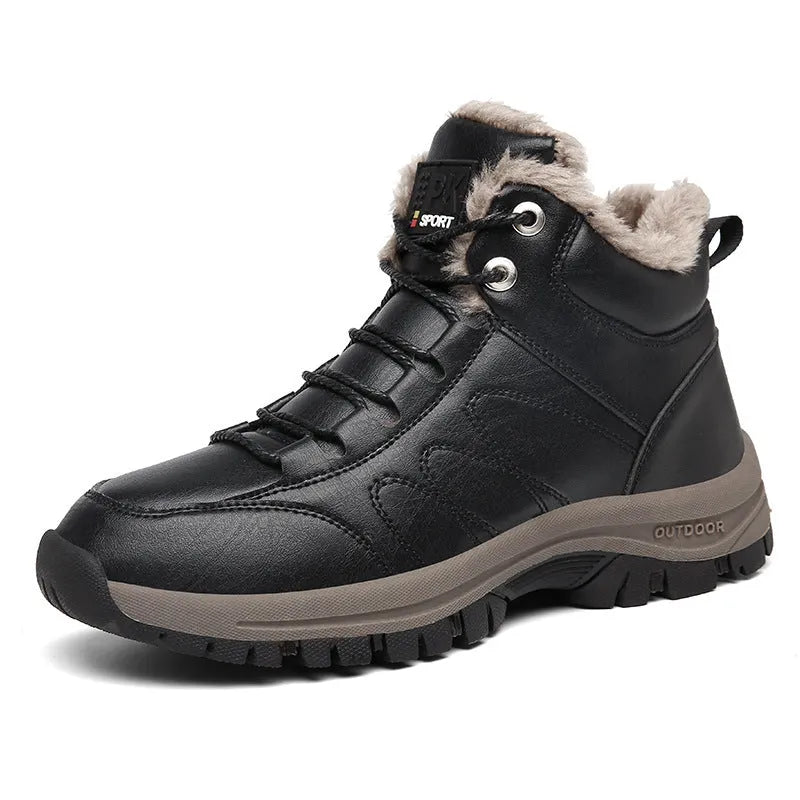 Men's winter boots warm leather shoes black artificial PU upper rubber sole thick plush lining