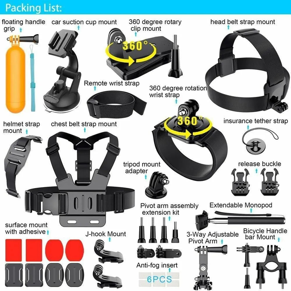 Black sports camera accessory kit with chest strap, head belt, car suction cup, and floating handle grip displayed on a white background