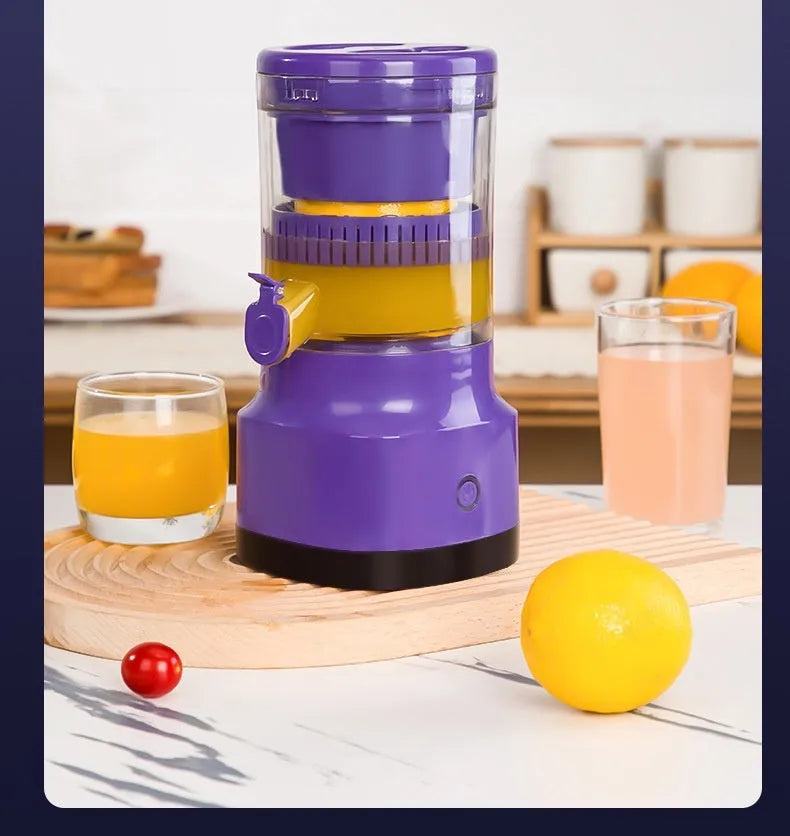 Purple USB rechargeable electric citrus juicer with detachable cone and 400 ml container.