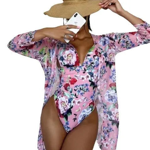 Women's floral print bikini three-piece set with matching coat in multiple colour options