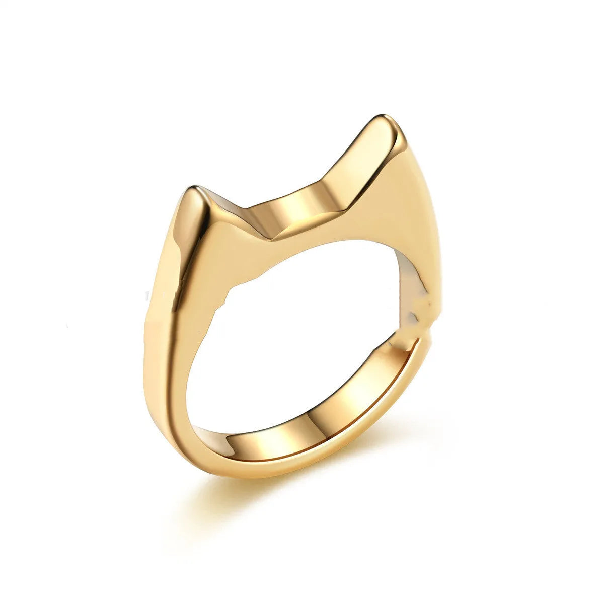 Polished stainless steel cat ear ring in gold finish, side view on white background, size No9