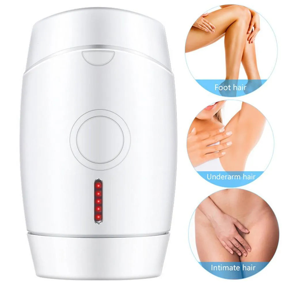White home laser hair removal device with display screen and button for adjusting five energy levels.