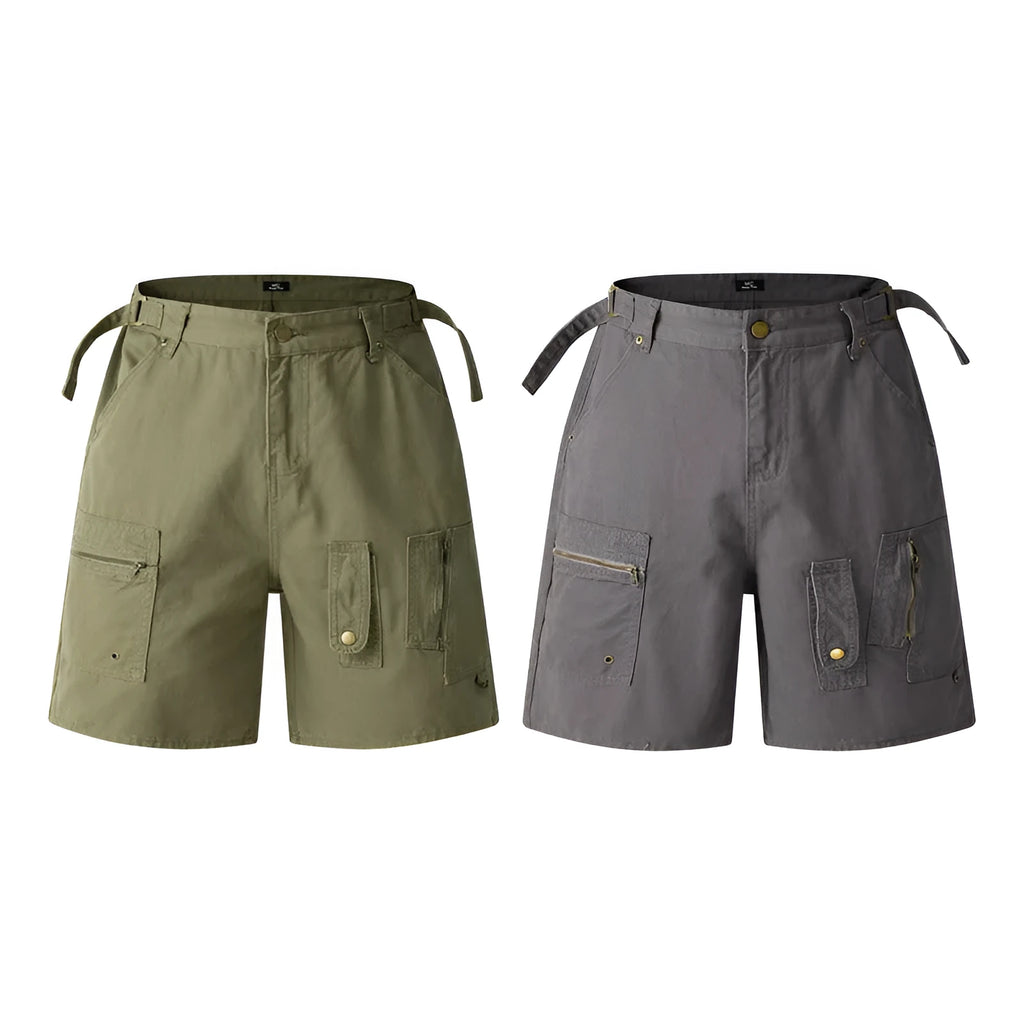 Retro workwear shorts in washed cotton cloth with loose fit and half elastic waistband