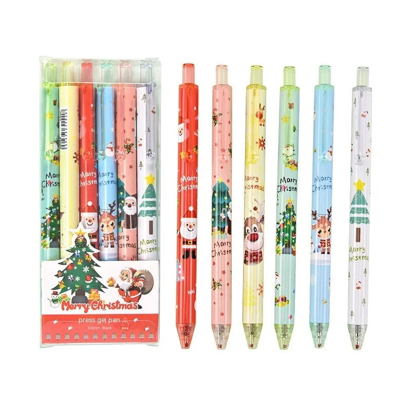 Cartoon design press gel pen set with six black-ink pens in plastic packaging