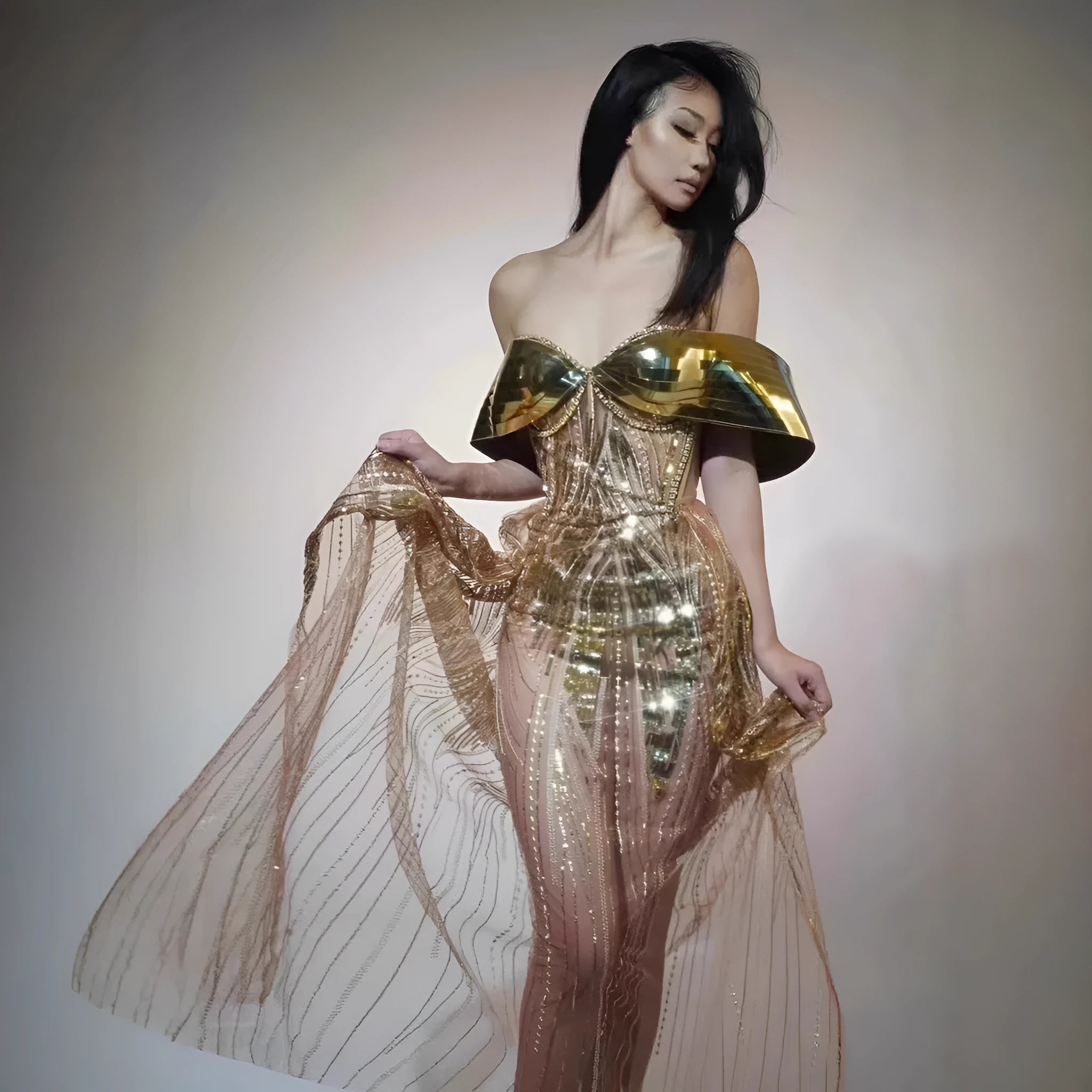 Gold strapless sequined evening dress with tulle skirt and side split detail for women's formal wear