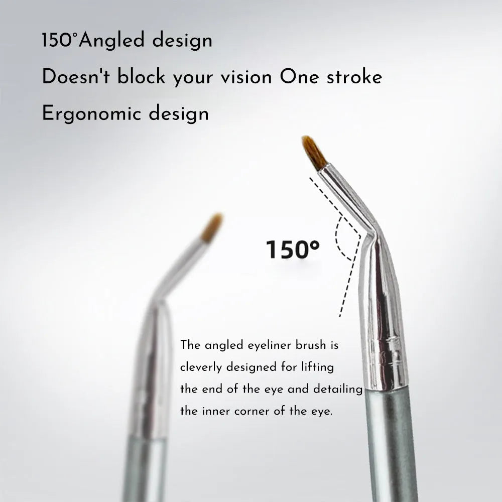 Close-up of an angled bend head eyeliner brush with a fine tip for detailed eye makeup application.