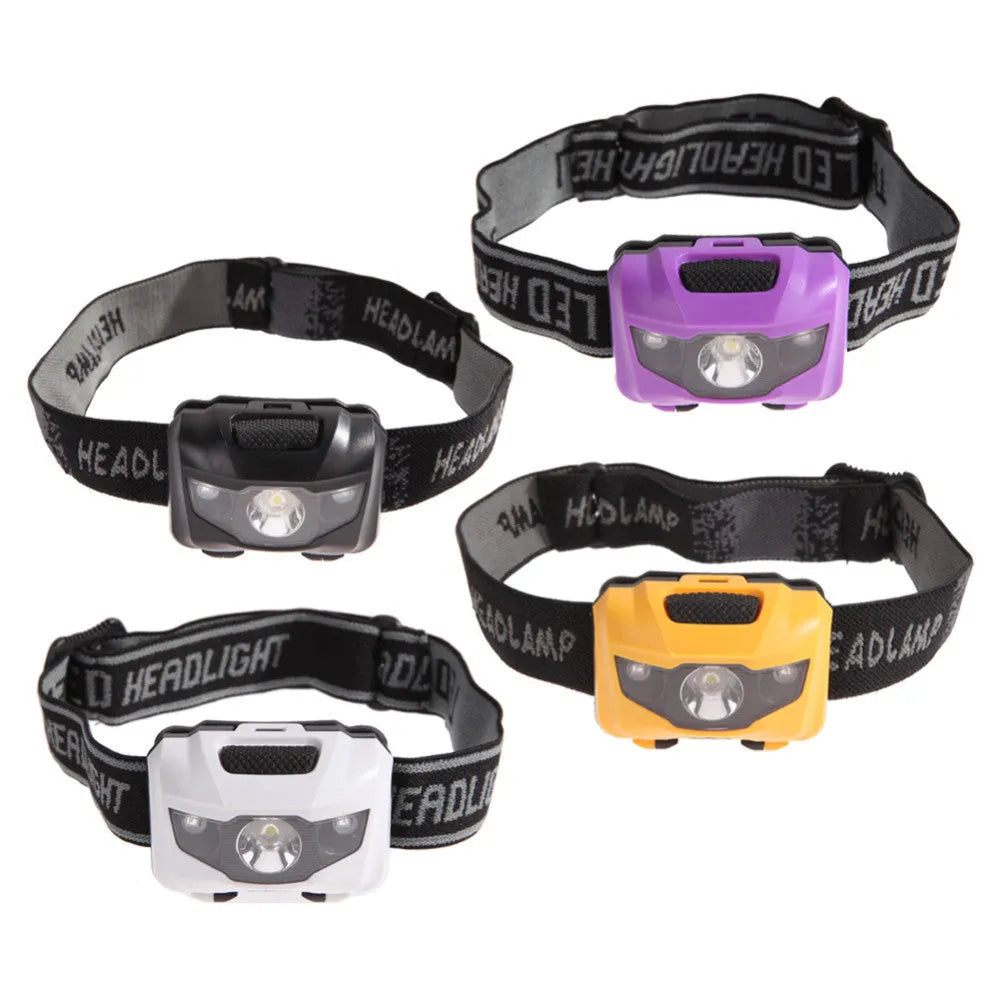 Black LED headlight with headband, showing white and red LEDs, for outdoor activities.