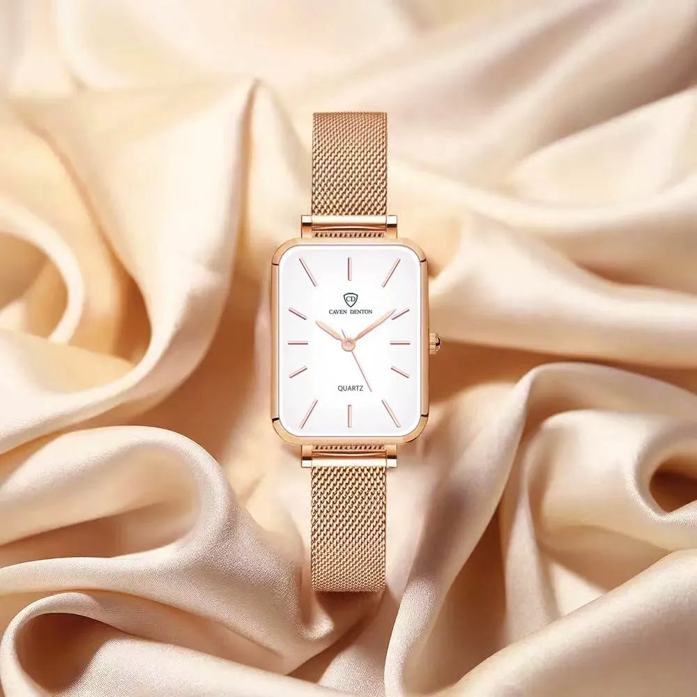 Women's rose gold waterproof quartz watch with woven steel strap and alloy case.