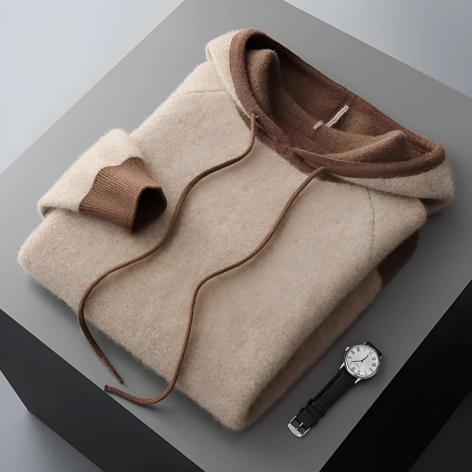 Knitted hooded pullover sweater coat in loose Korean style, available in purple velvet and elephant gray, winter casual wear for women.