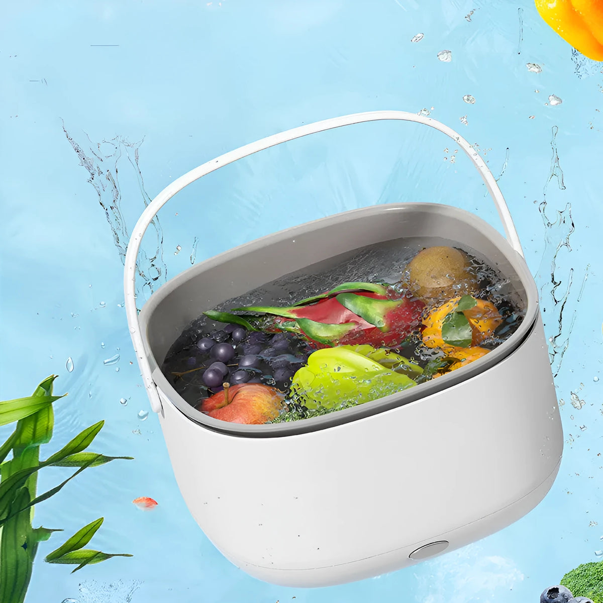 Portable ultrasonic fruit and vegetable washing basket in PP plastic, white body with grey drainage basket