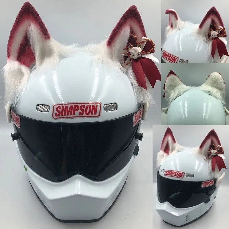 Set of black and white wolf ear and tail ornaments clipped to a motorcycle helmet