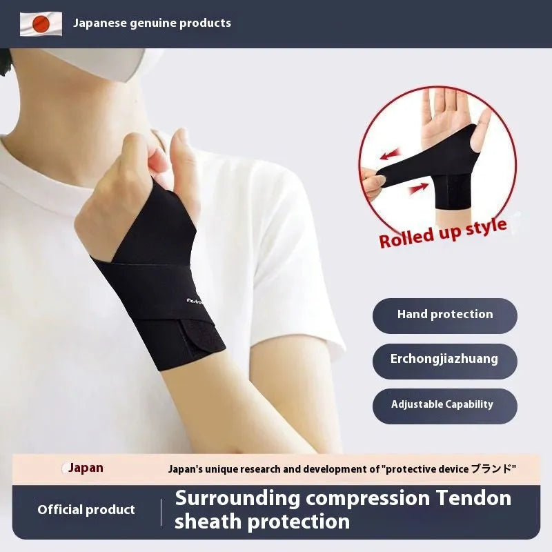 Adjustable black athletic wristguard for wrist support during sports like badminton and tennis.