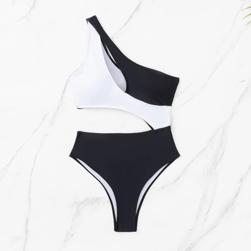 Black women's one-piece swimsuit with white contrast stitching and hollow design detail