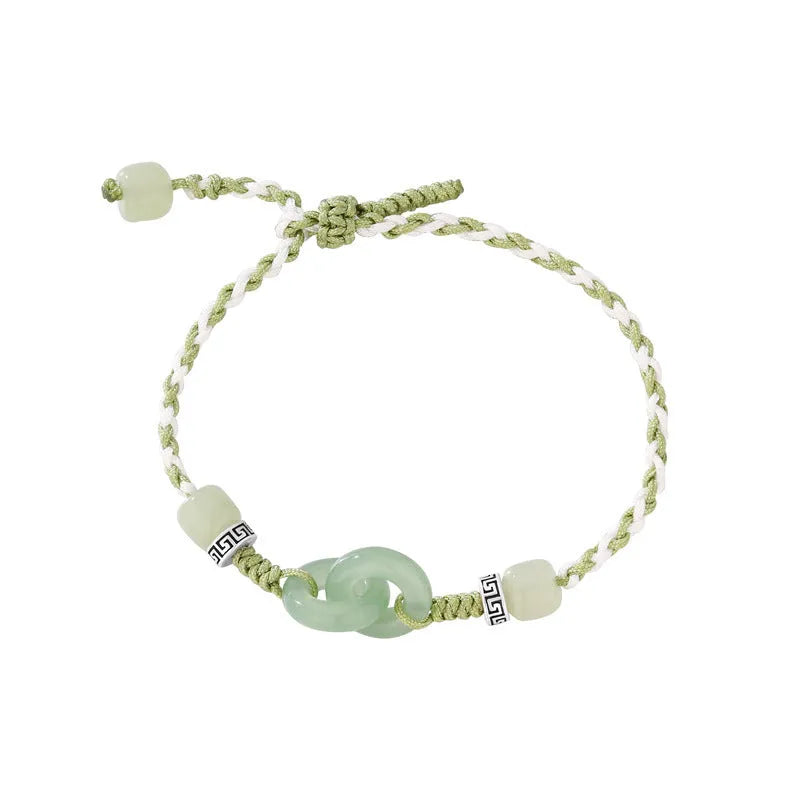 Green copper women's bracelet with peace buckle, jade double rings and animal zodiac ethnic design