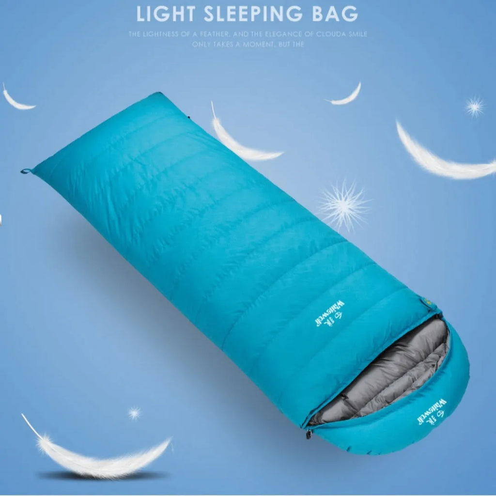 Black outdoor sleeping bag with white goose down fill and envelope construction.