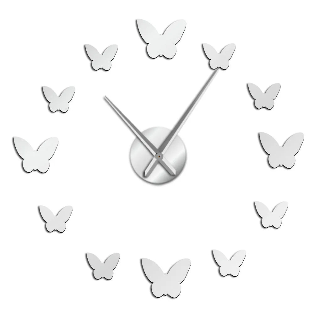 3D mirror wall clock butterfly design round Scandinavian style black gold silver home decor