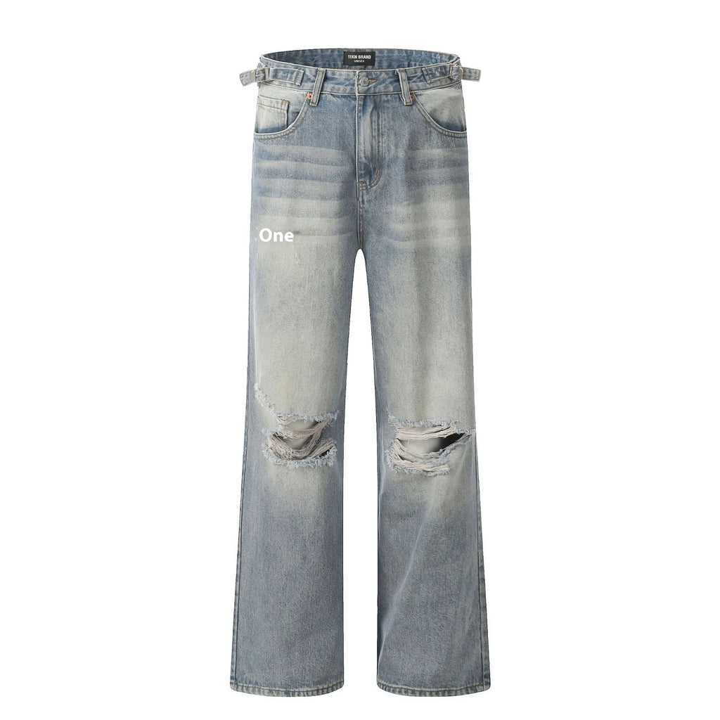 Blue men's straight-leg jeans with ripped details and a zip fly on a neutral background.