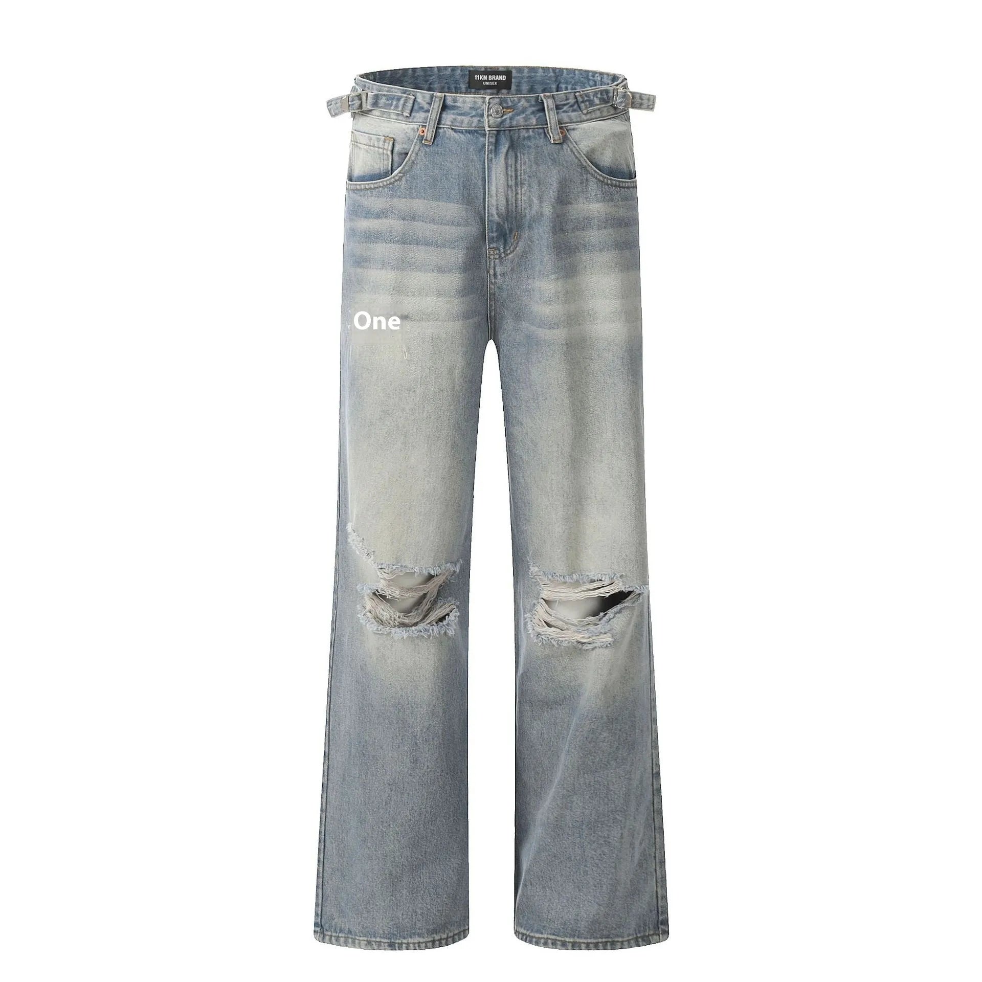 Blue men's straight-leg jeans with ripped details and a zip fly on a neutral background.