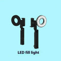 Black portable handheld LED fill light for mobile phone photography with adjustable brightness settings
