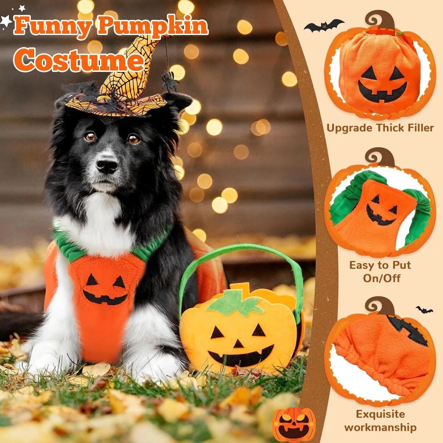 Orange pumpkin plush Halloween costume on small dog with pullover design and thickened shape