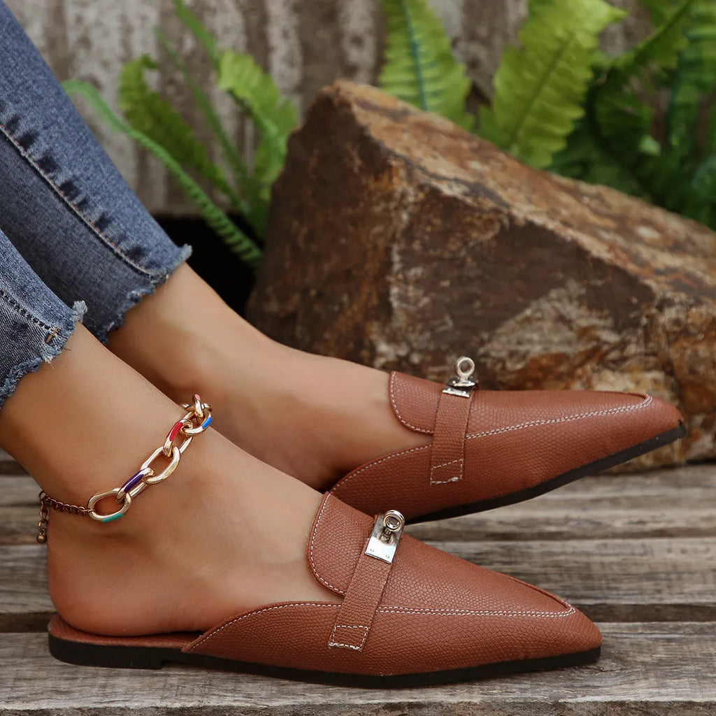 Light brown women's pointed-toe leisure semi-slippers with low heel and rubber sole