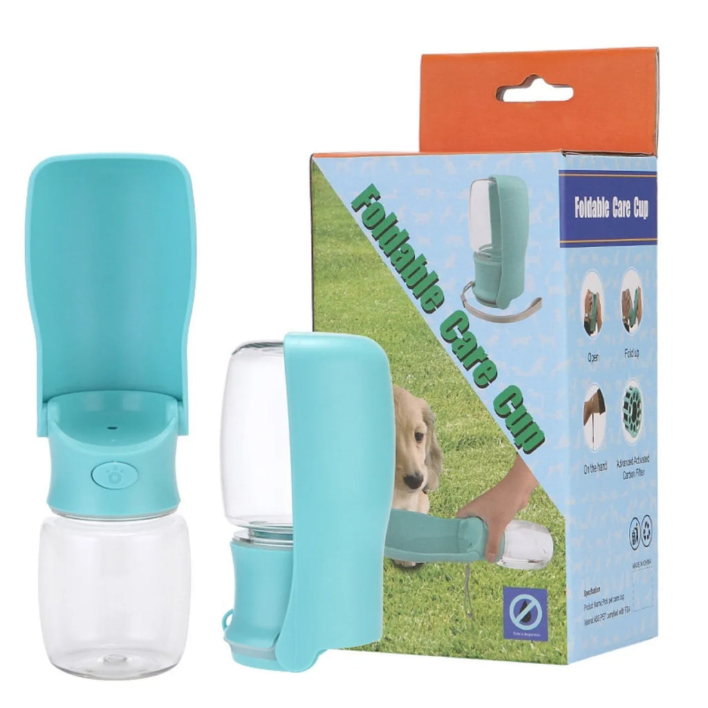 Foldable dog water bottle with dispenser in blue, pink or white colours showing collapsed and expanded states